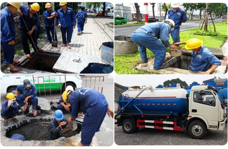 Kỹ thuật viên Thịnh Phát đang thi công thông cống và rút hầm cầu ngoài trời, cùng xe hút chất thải chuyên dụng màu xanh trắng.
