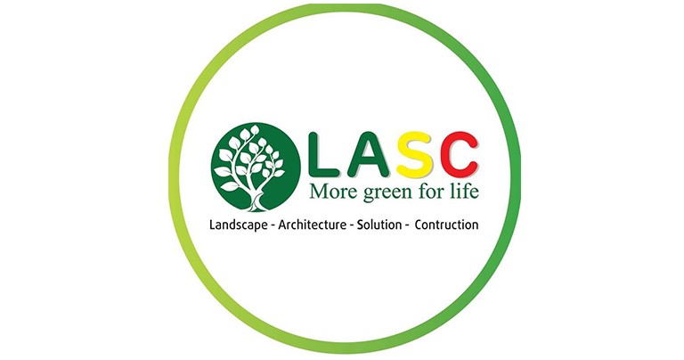 Logo của công ty thiết kế cảnh quan LASC với biểu tượng cây xanh và khẩu hiệu “More green for life”.
