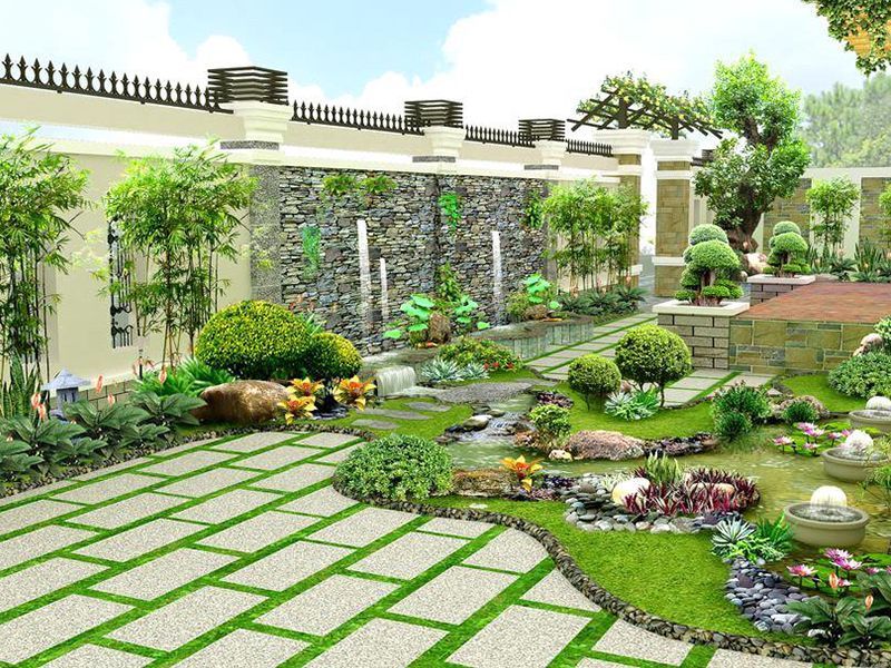 Sân vườn căn hộ cao cấp được Ngoại Thất Xanh thi công trọn gói, tích hợp cây cảnh nội thất, ngoại thất và tiện ích ngoài trời như sàn gỗ, đèn trang trí.