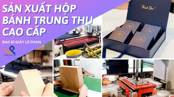 Quy trình sản xuất hộp bánh Trung Thu cao cấp tại Bao Bì Giấy Lê Phan, gồm in offset, ép kim và hoàn thiện hộp quà sang trọng.