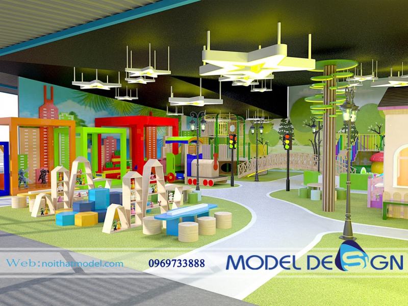 Khu vui chơi giáo dục mô hình Kid Town do Model Design thi công, nơi trẻ trải nghiệm nghề nghiệp như bác sĩ, công an, đầu bếp trong thành phố thu nhỏ.