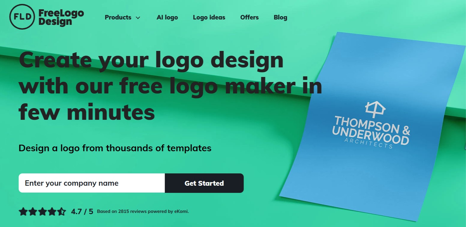 Giao diện Free Logo Design với các bước tạo logo rõ ràng dành cho người không chuyên.