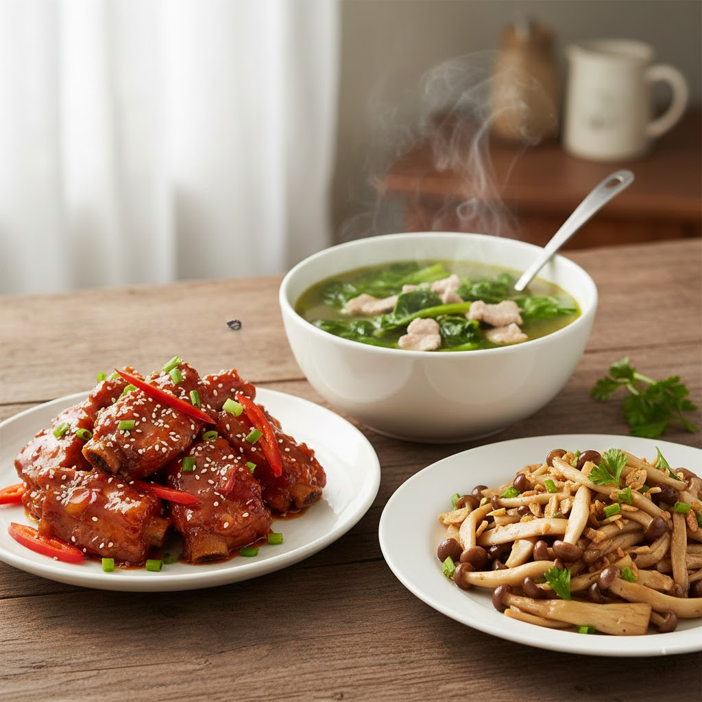 Mâm cơm gia đình đầy đủ dinh dưỡng cho đầu tuần