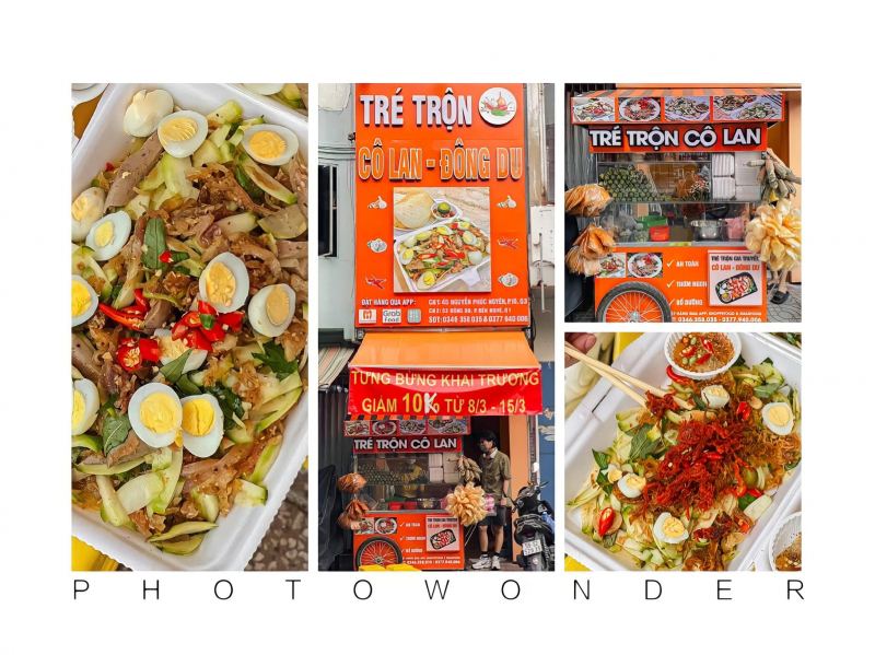 Phần tré trộn Cô Lan gồm tai heo, thịt ba chỉ, xoài non và bánh tráng mè, đậm vị truyền thống, thơm riềng.