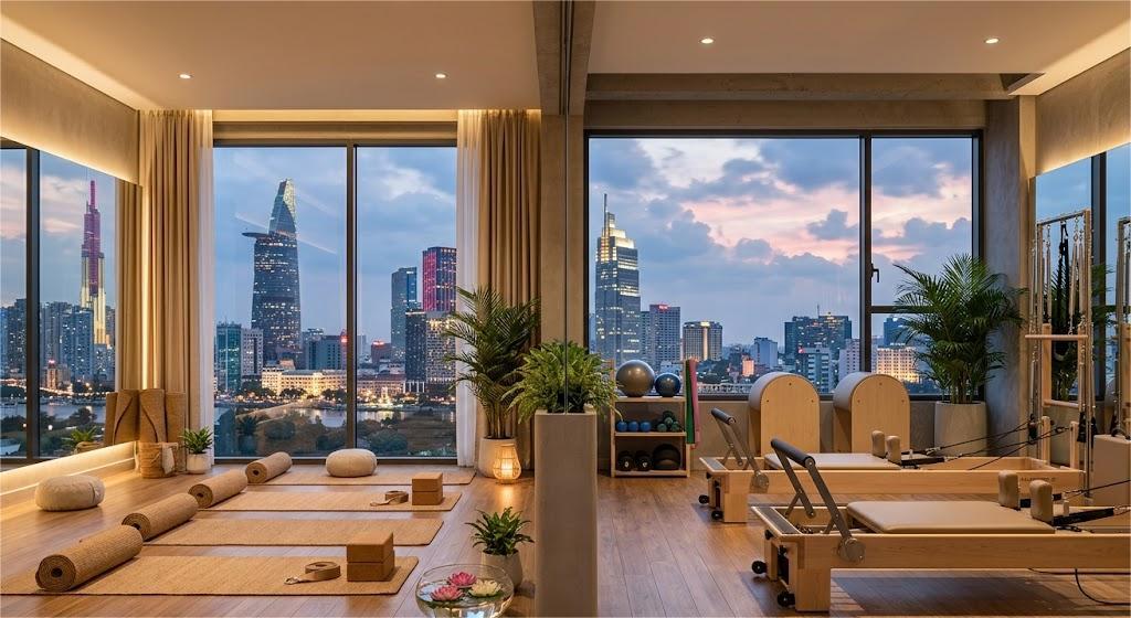 Không gian trung tâm tập Yoga và Pilates view thành phố.