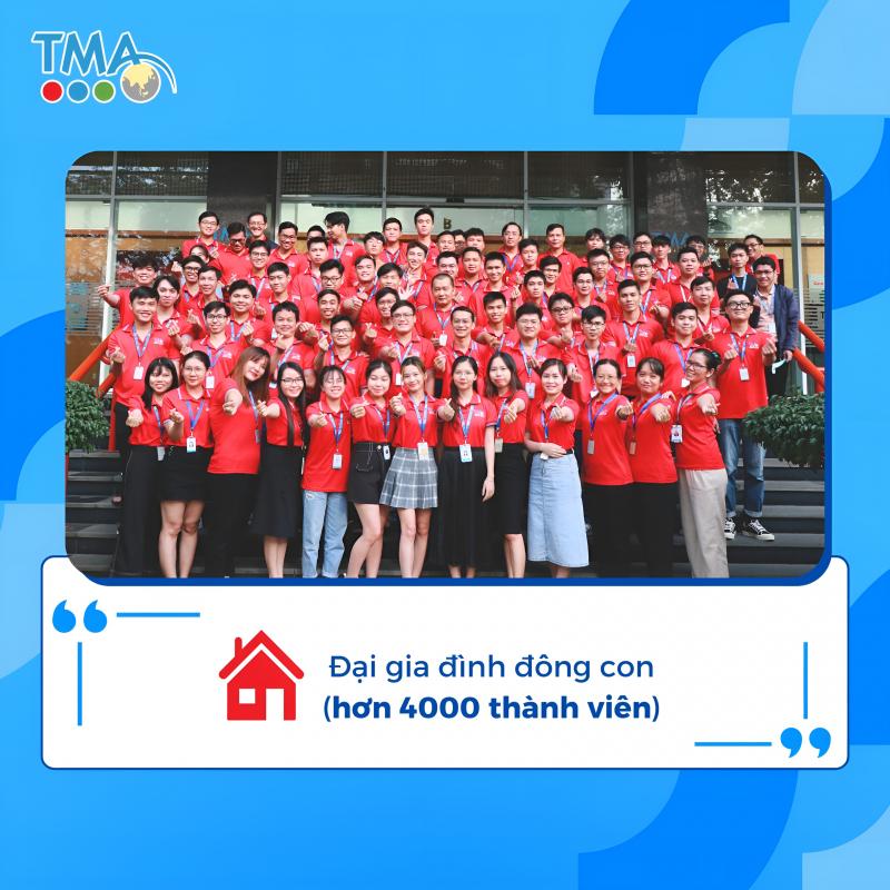 “Đám đông hơn 80 thực tập sinh và nhân viên TMA mặc áo polo đỏ, đeo thẻ tên, tạo dáng trước toà nhà văn phòng; khung thiết kế ghi ‘Đại gia đình đông con – hơn 4 000 thành viên’.”