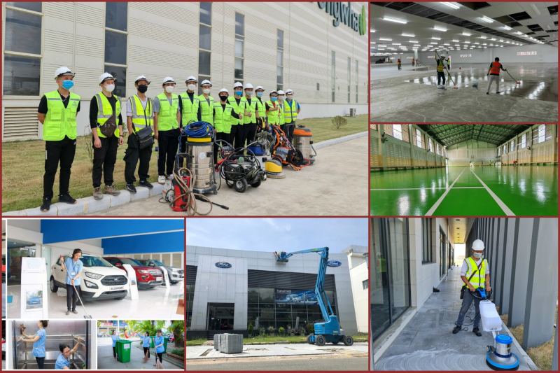 Nhân viên Nguyên Trung Green House đang thực hiện vệ sinh công nghiệp tại nhà xưởng với thiết bị chuyên dụng và quy trình bài bản.