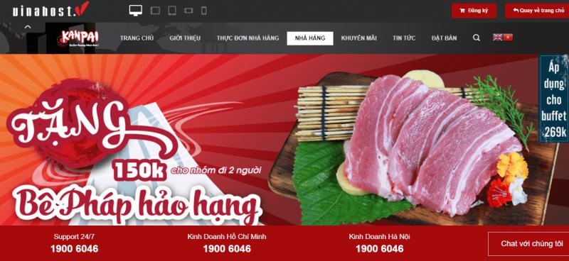 Giao diện website ẩm thực được thiết kế bởi VinaHost, hiển thị hình ảnh món ăn sắc nét, tích hợp tính năng đặt bàn và thanh toán online.