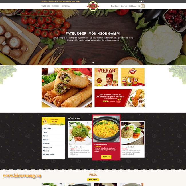 Giao diện website ẩm thực do Công Ty Kiến Vương thiết kế, hiển thị menu động, hỗ trợ đặt món theo giờ và có phiên bản tiếng Việt – Anh – Trung.