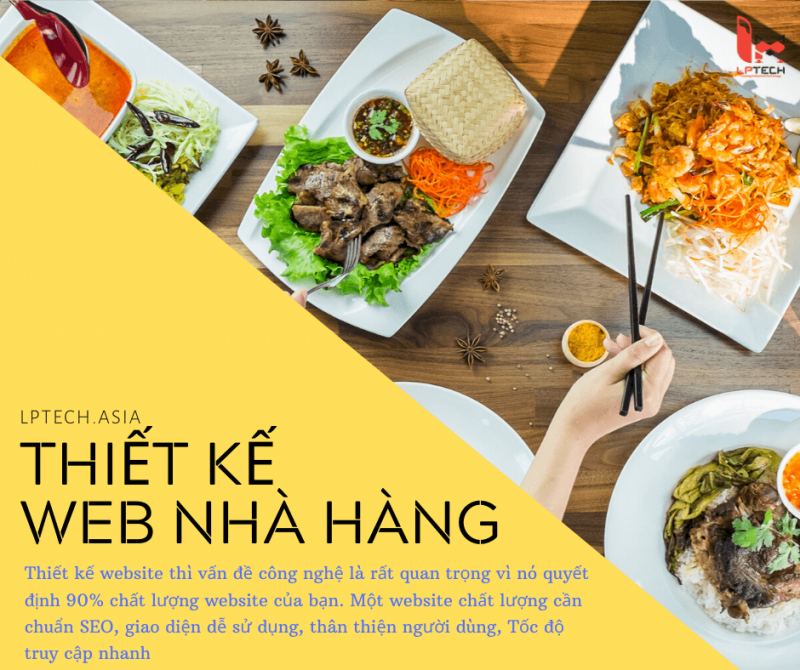 Giao diện thiết kế website ẩm thực phong cách tối giản do LP thiết kế, hiển thị menu món ăn kèm livestream và kết nối với Facebook, Instagram, TikTok.
