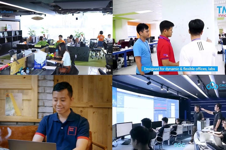 Nhân viên công nghệ tại văn phòng làm việc hiện đại và trung tâm điều hành phần mềm ở TP.HCM.